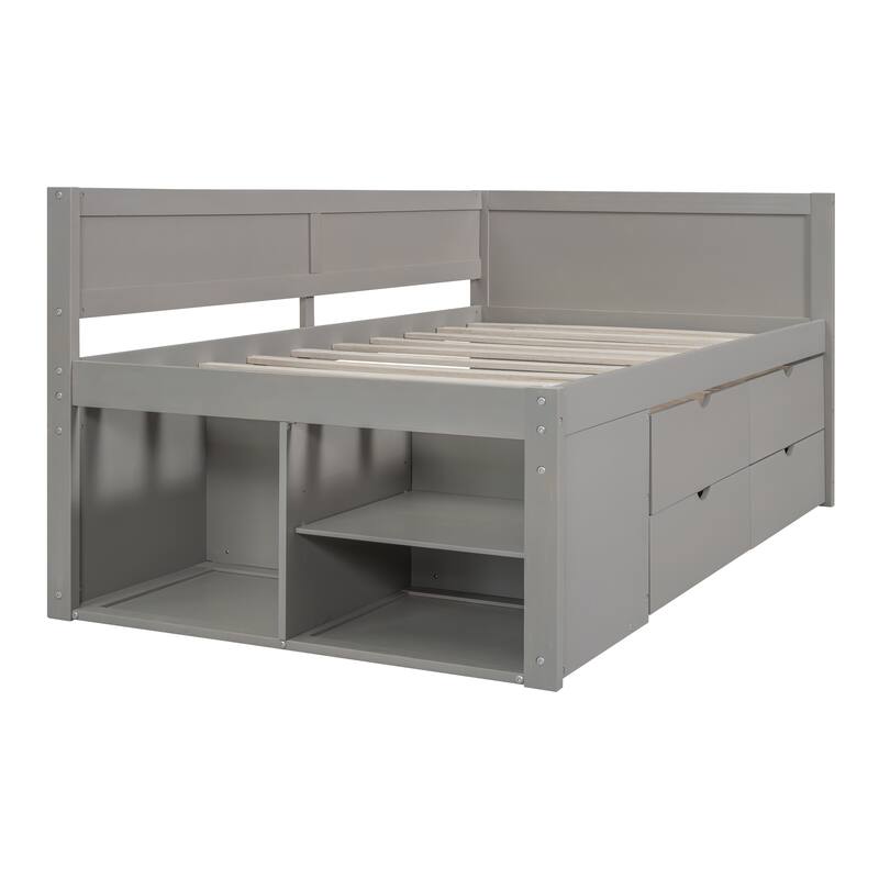 Pine Wood Daybed Frame with 4 Storage Drawers & Shelves