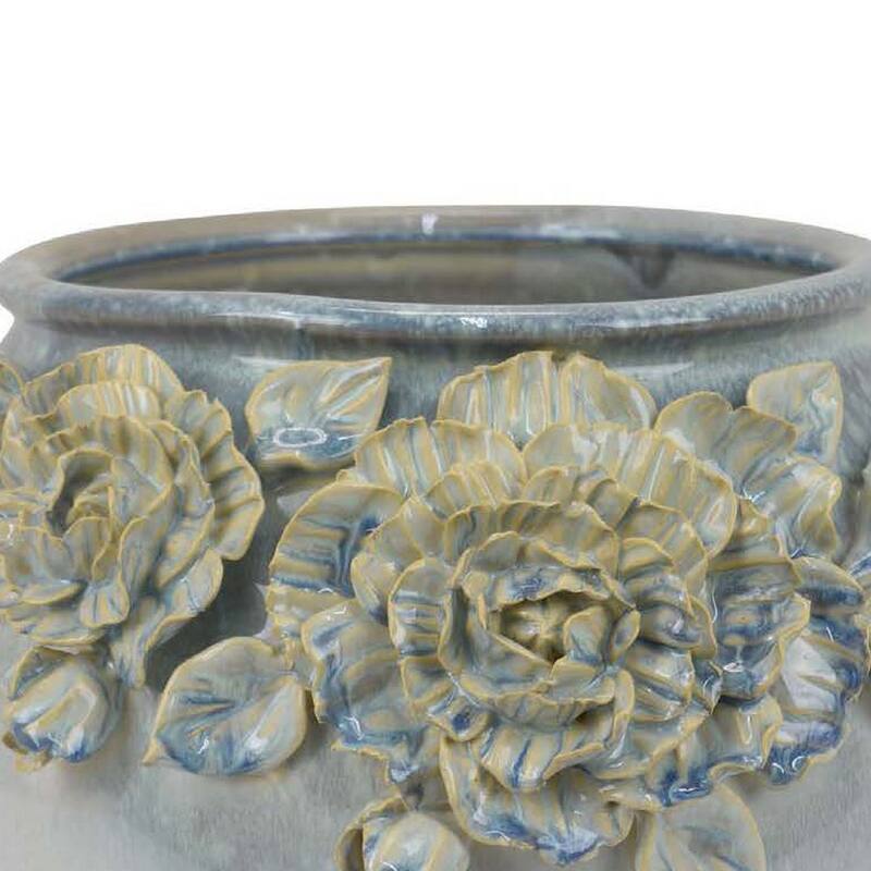 Rox Accent Planter, Floral Applique Design, 12 Inch White Ceramic