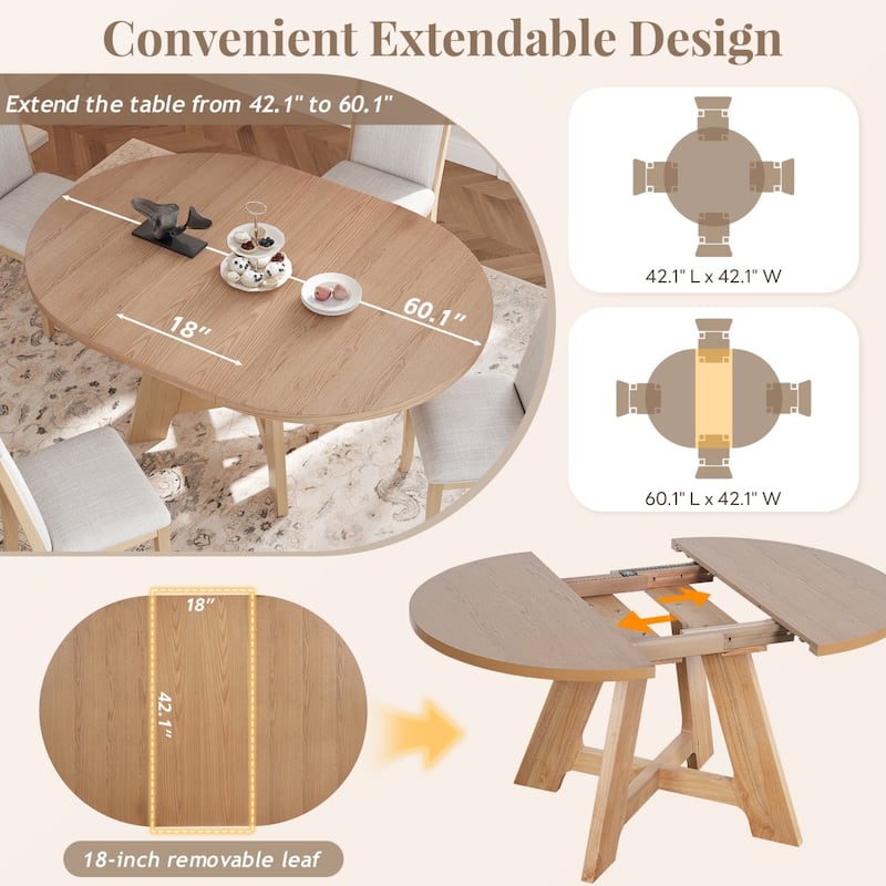 Extendable Round Dining Table Set with 18" Removable Leaf