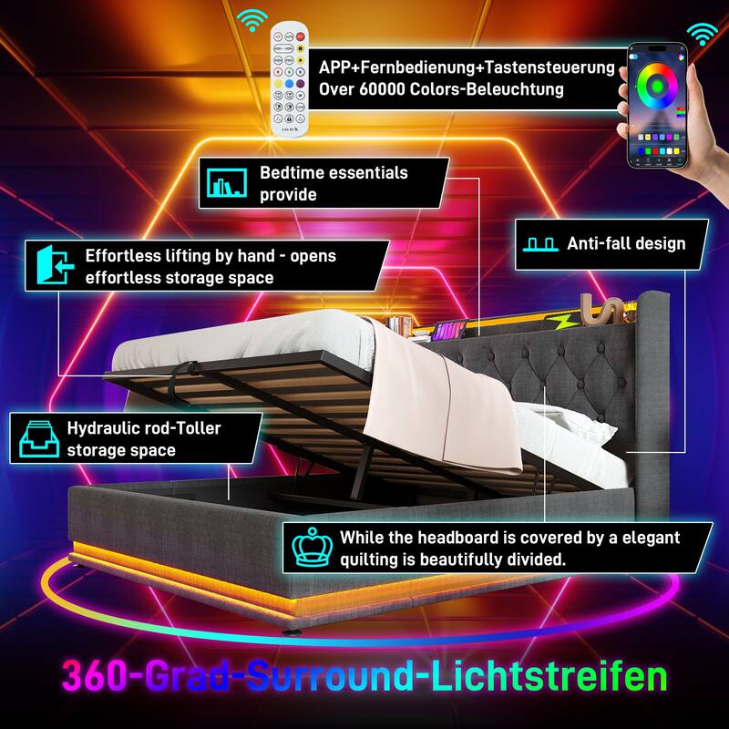 Gray Queen Size Upholstered Platform Bed with 360 LED Function and USB-C Charging