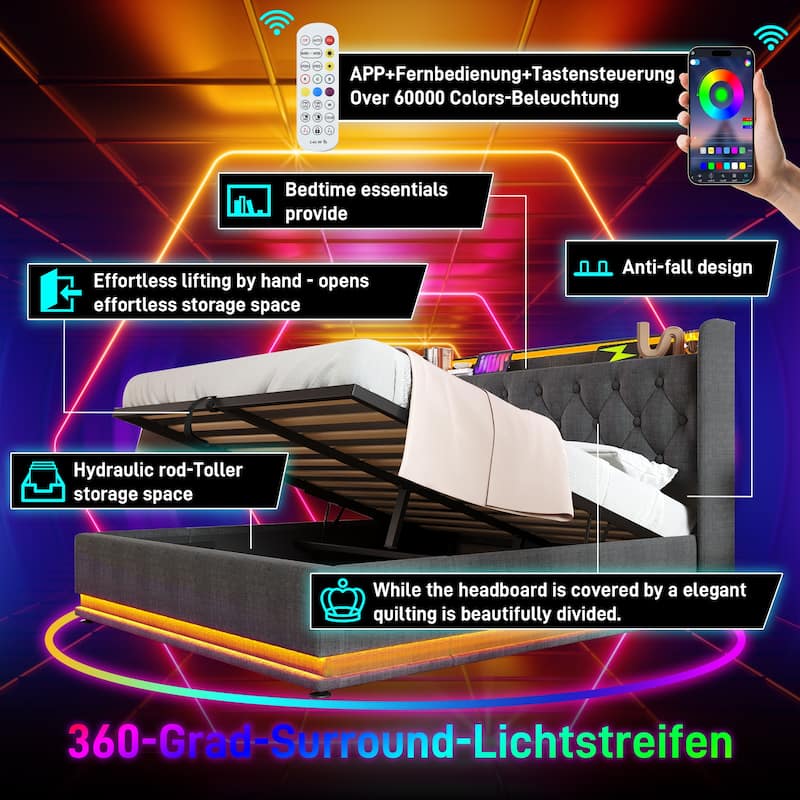 Upholstered Bed with LED Function and USB Charging