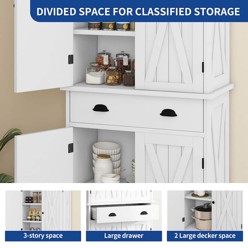 Moasis Farmhouse Freestanding 72'' Kitchen Pantry Storage Cabinet Cupboard with Drawer Adjustable Shelves