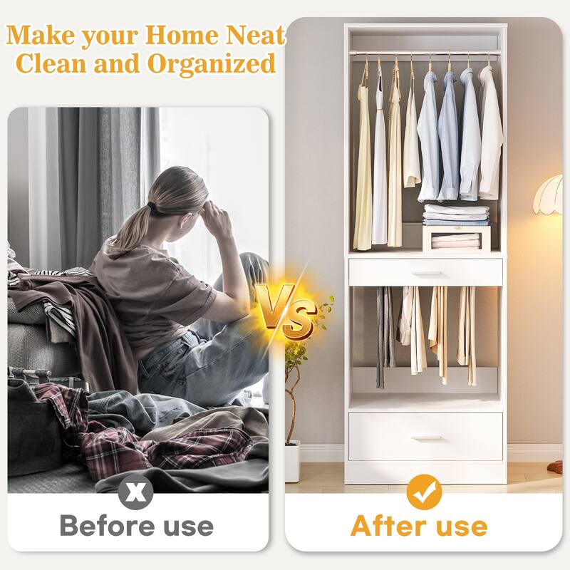 Qvella 23.6'' W Closet System with Hanging Rod & Pants Rack & Drawer, Modular Closet Organizer for Walk-In/Reach-in Closet