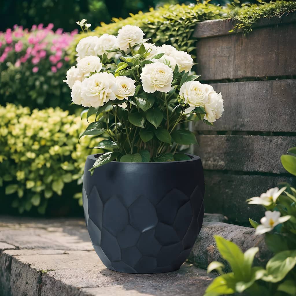 14.6-Inch Round Geometric Indoor/Outdoor MgO Planter - 13.2" H x 14.6" W x 14.6" D