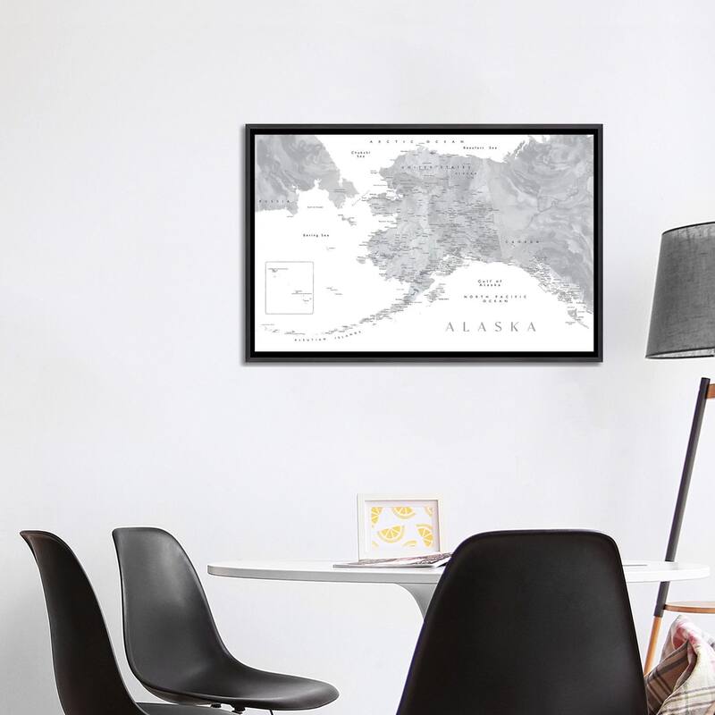 iCanvas "Gray Watercolor Detailed Map Of Alaska" by blursbyai Framed
