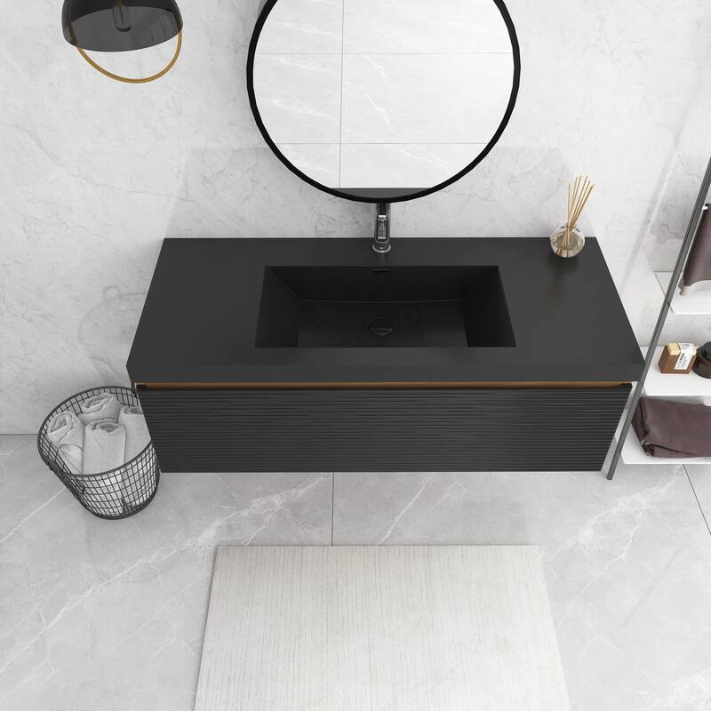 Floating Bathroom Vanity in Natural Oak with Integrated Resin Top