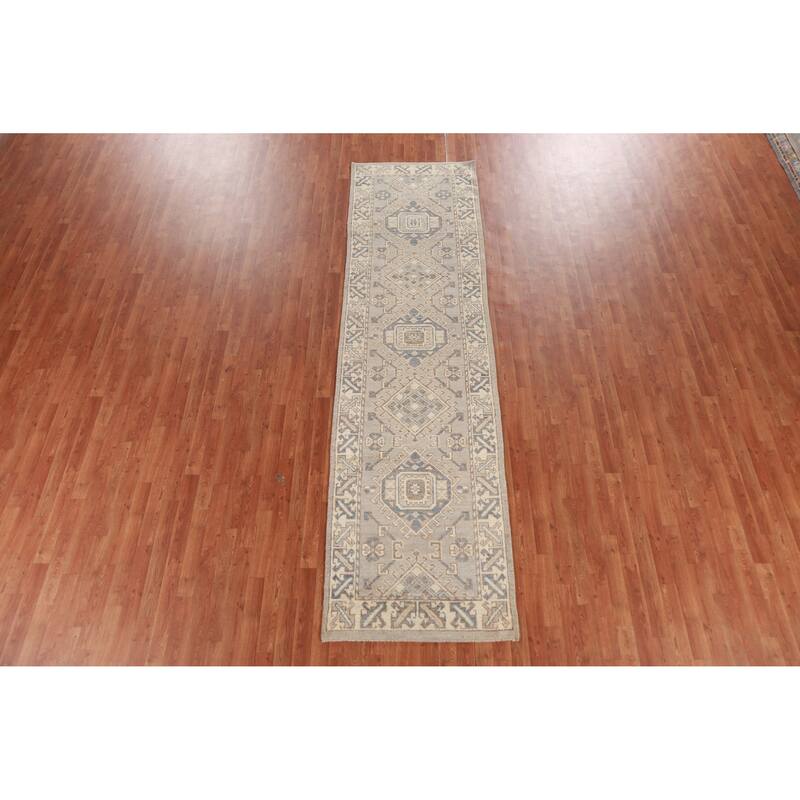 Hand Knotted Oriental 100% Wool Carpet Transitional Geometric Beige & Ivories Oushak Runner Rug - 11' 7'' X 3' 1''