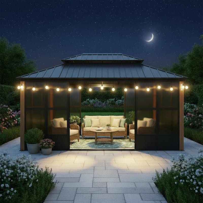 PURPLE LEAF Double Top Outdoor Sunroom Screen House Patio Hardtop Gazebo - 12' x 16' - Black(With Ligths)