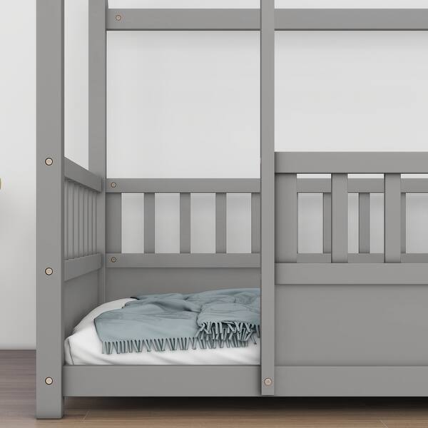 slide 2 of 22, Twin House Frame Floor Bed with Fence and Roof - Playful and Safe for Kids Grey