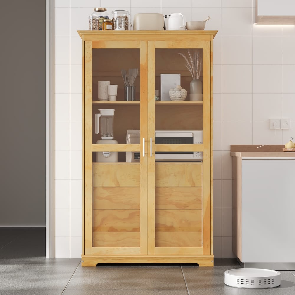 Pantry Cabinet with Glass Door, 2 Shelves & 4 Built-in Drawers, Kitchen Pantry Storage Cabinet, Freestanding Kitchen Cupboard