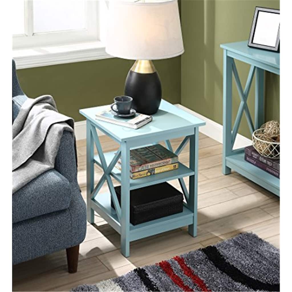 End Table with Shelves and X Frame Panels, Stylish Transitional Side Table with 3 Open Tiers for Living Room or Bedroom Storage