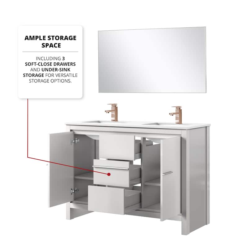 Lafarre Bath Vanity with Cultured Marble Top, Sink, Mirror and Rose Gold Faucet