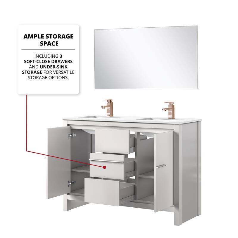 Lafarre Bath Vanity with Quartz Top, Sink, Mirror and Rose Gold Faucet