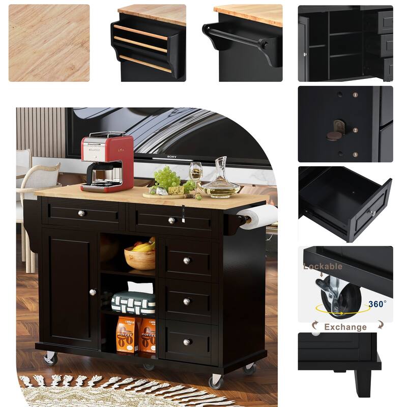 Roomfitters Kitchen Cart with Rubber wood Desktop - Rolling Mobile Kitchen Island with Storage and 5 Drawers, 53 Inch Length