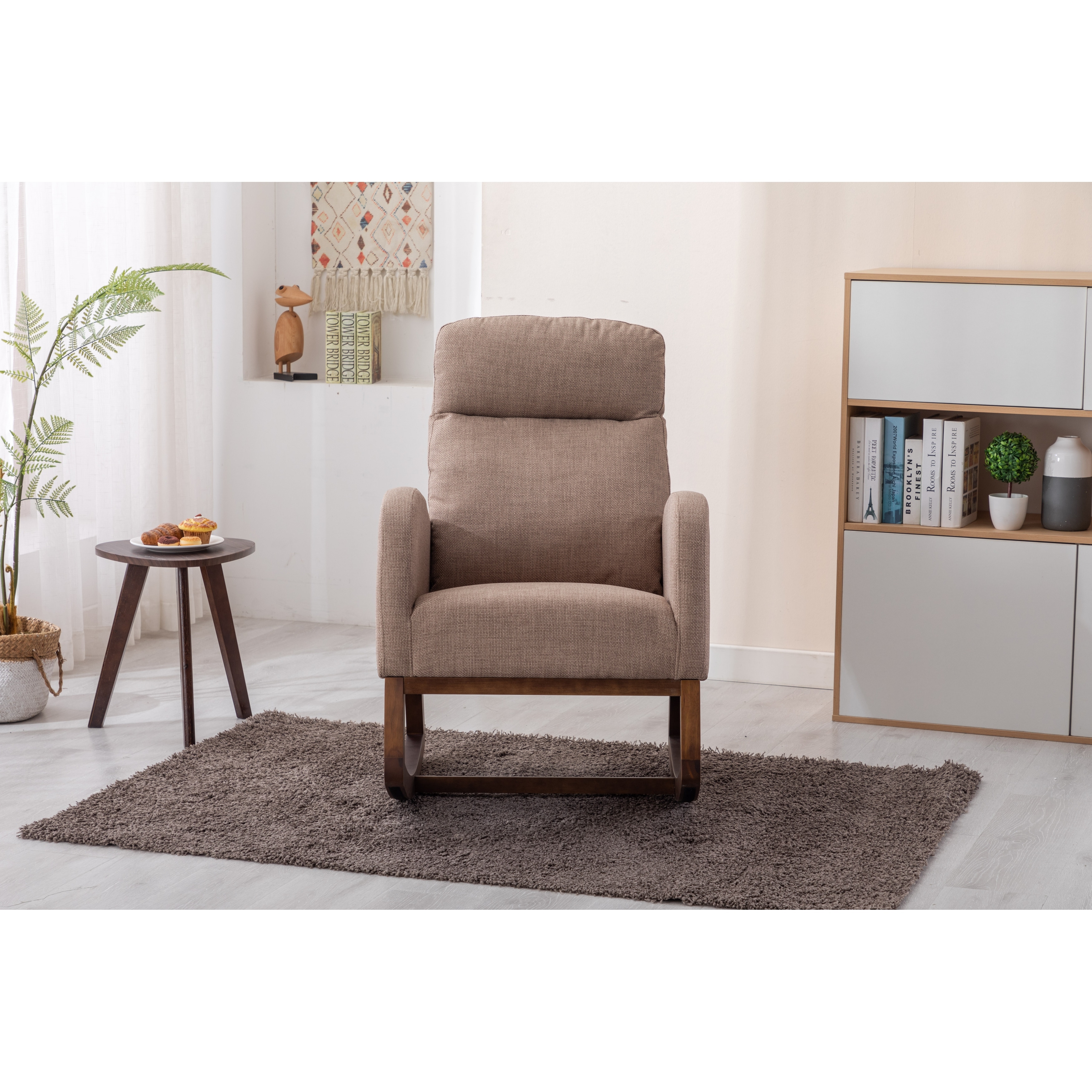 Nursery Rocking Chair with Ottoman, Linen Glider Rocker Chair with High  Backrest and Side Pocket, Upholstered Breastfeeding Chair for Living Room