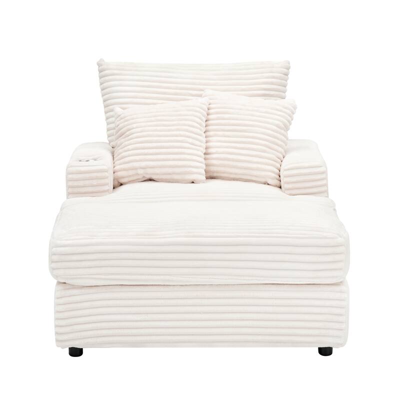 White 39.37" Corduroy Upholstered Single Armchair Sofa with Ottoman and Cup Holder for Lving Room