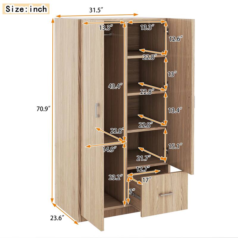 Wooden Floor Wardrobe with Double Doors, Modern Armoire with 5 Fixed Shelves, Storage Drawer Built-in Hanging Rod for Bedroom
