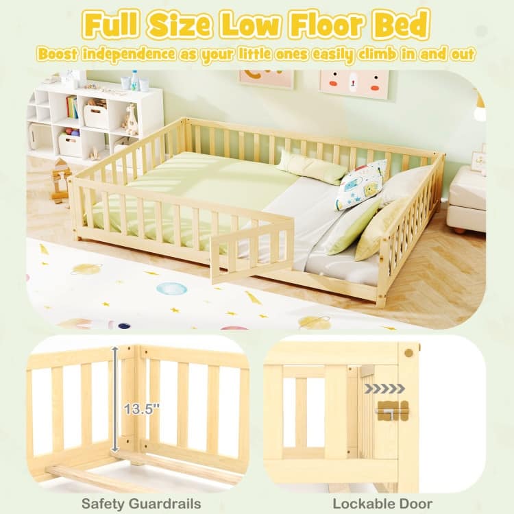 Montessori Floor Bed Frame with Full-length Guardrails Safety Door and Plywood Slats