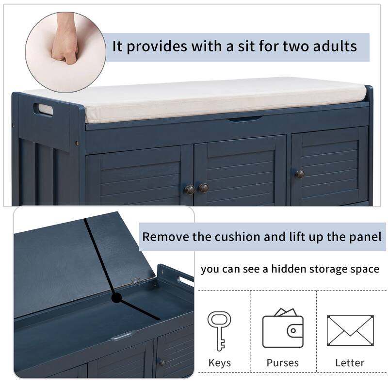 Storage Shoes Bench with 3 Shutter-shaped Doors and Removable Cushion