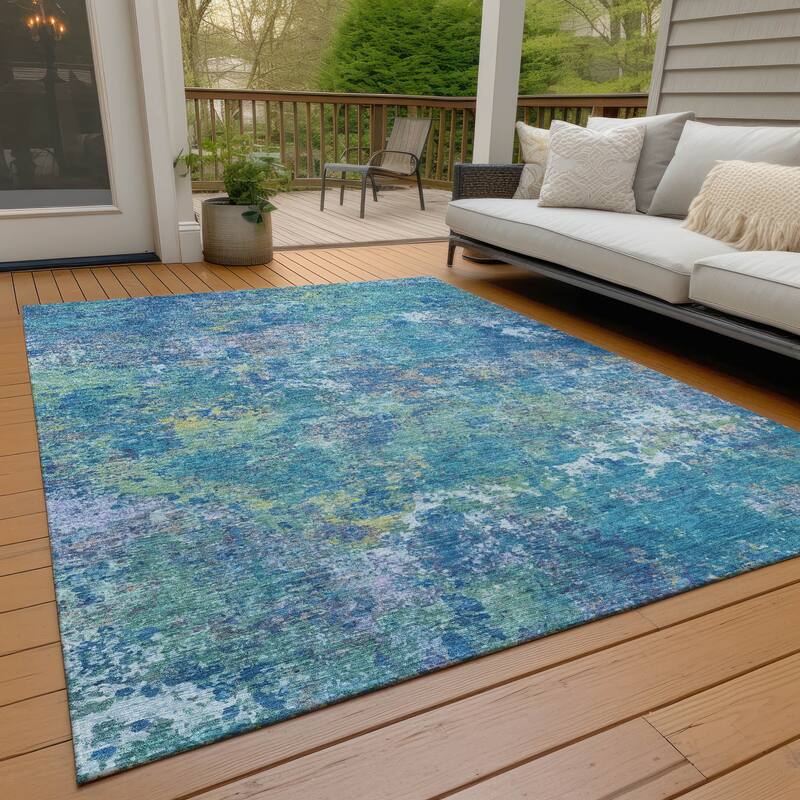 Machine Washable Indoor/Outdoor Abstract Watercolor Chantille Rug - Blue - 3' x 5'