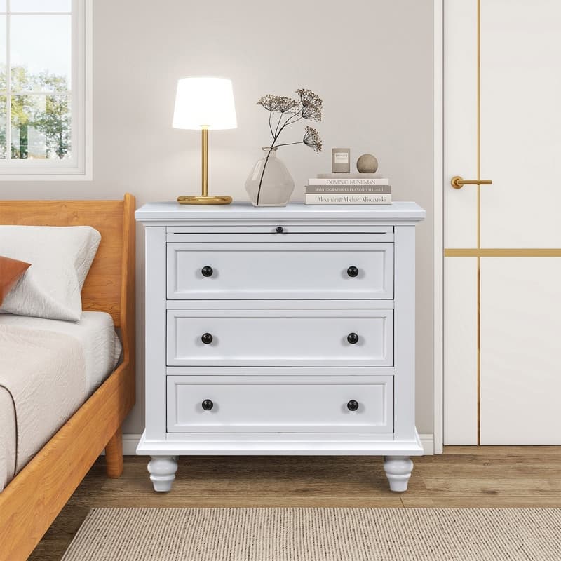 Farmhouse 3-Drawers Wood Nightstands with Pull Out Tray and Solid Wood Legs