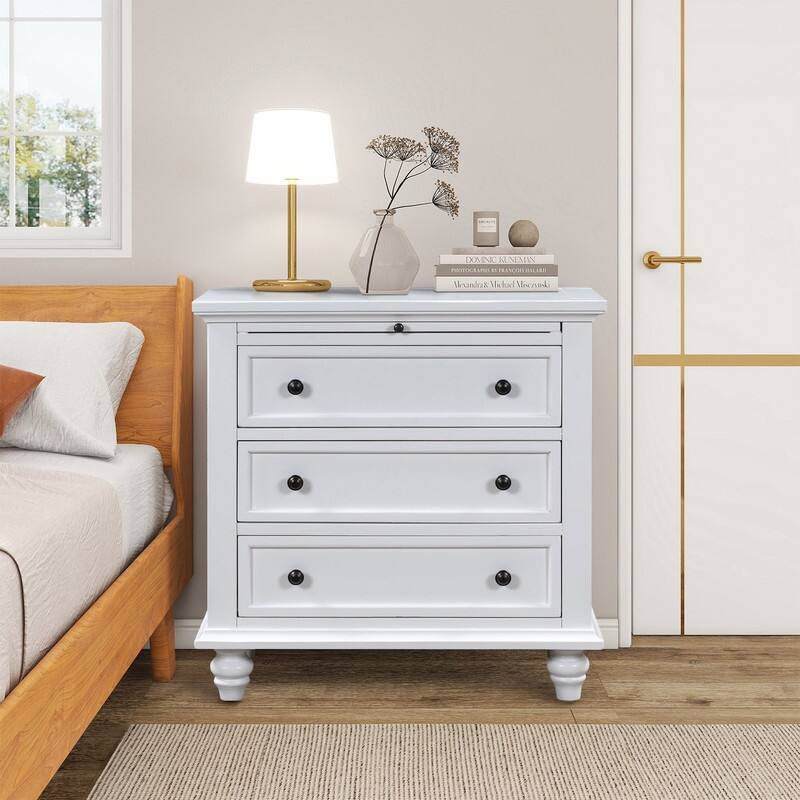 Farmhouse 3-Drawers Wood Nightstands with Pull Out Tray and Solid Wood Legs - White