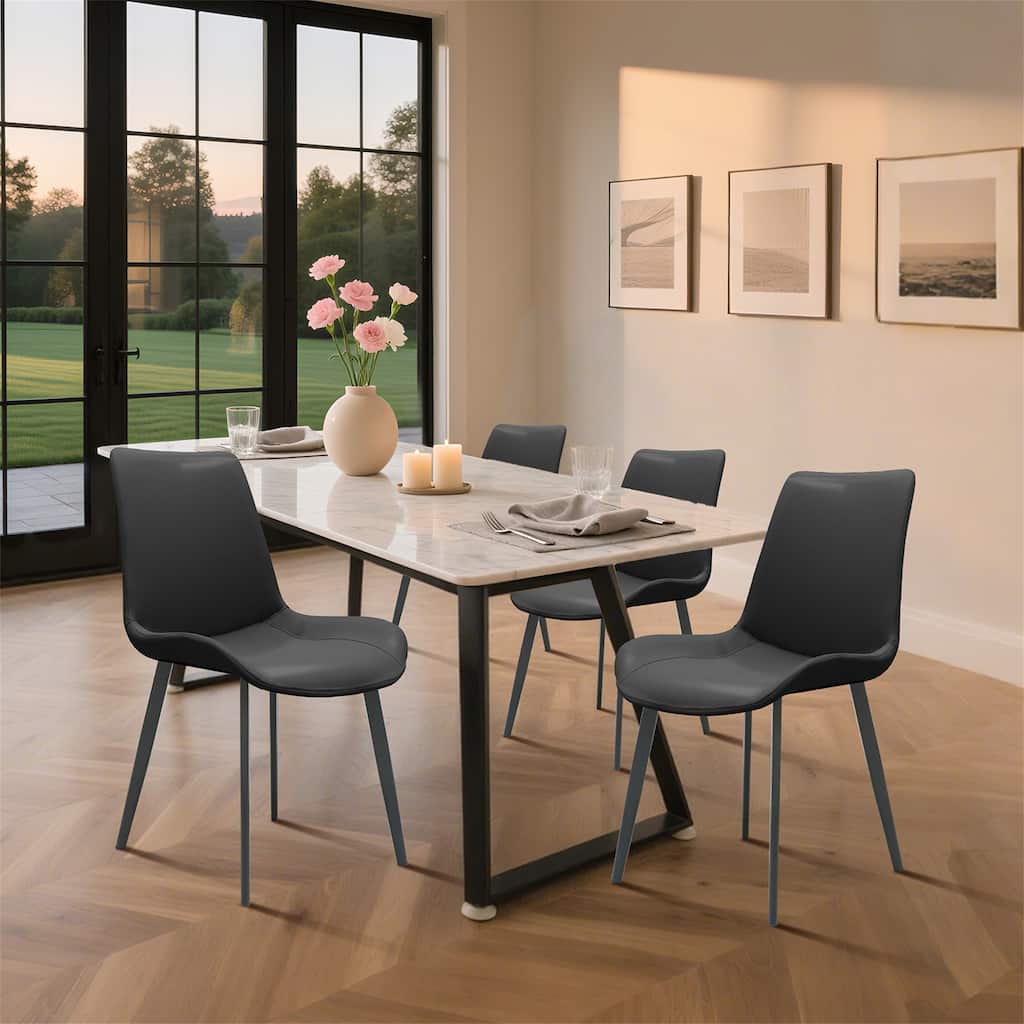 Set of 4 Modern Black PU Leather Dining Chairs with Metal Legs