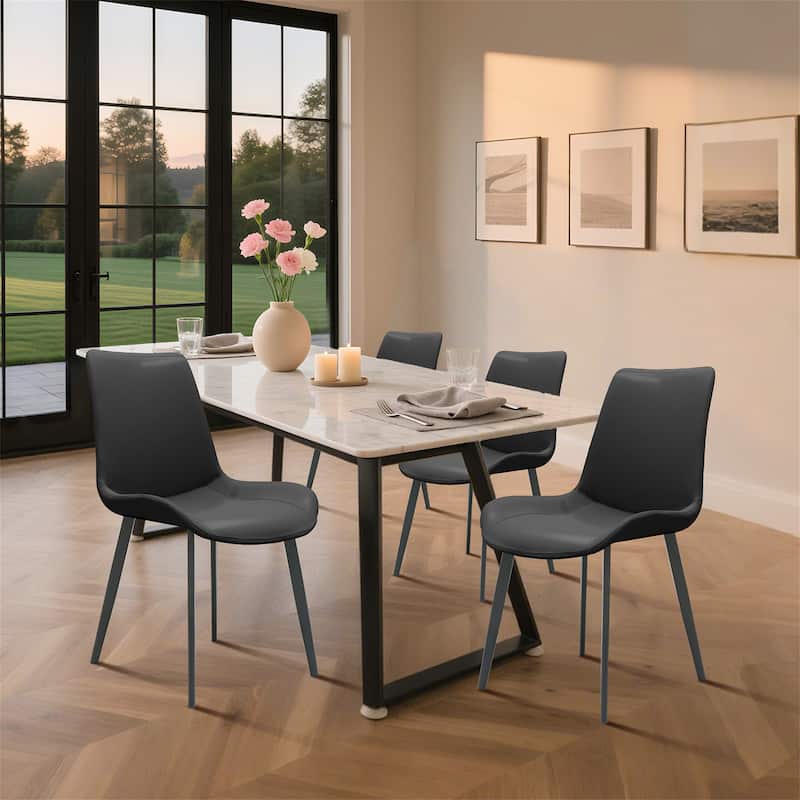 Set of 4 Modern Black PU Leather Dining Chairs with Metal Legs - Black