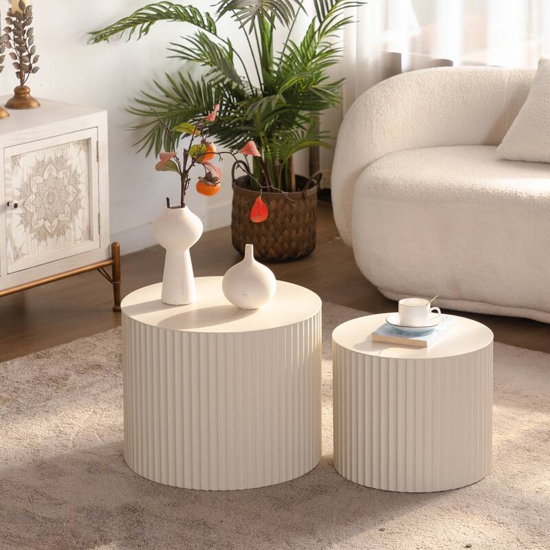 GDFStudio - Set of 2 Modern Wave Stripe Nesting Coffee Table Round Drum Accent Tables