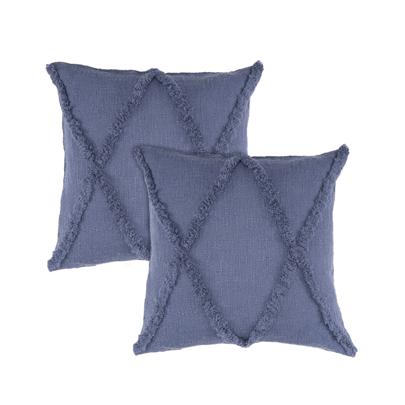 Set of Two Blue Diamond Cotton Throw Pillow With Fringe