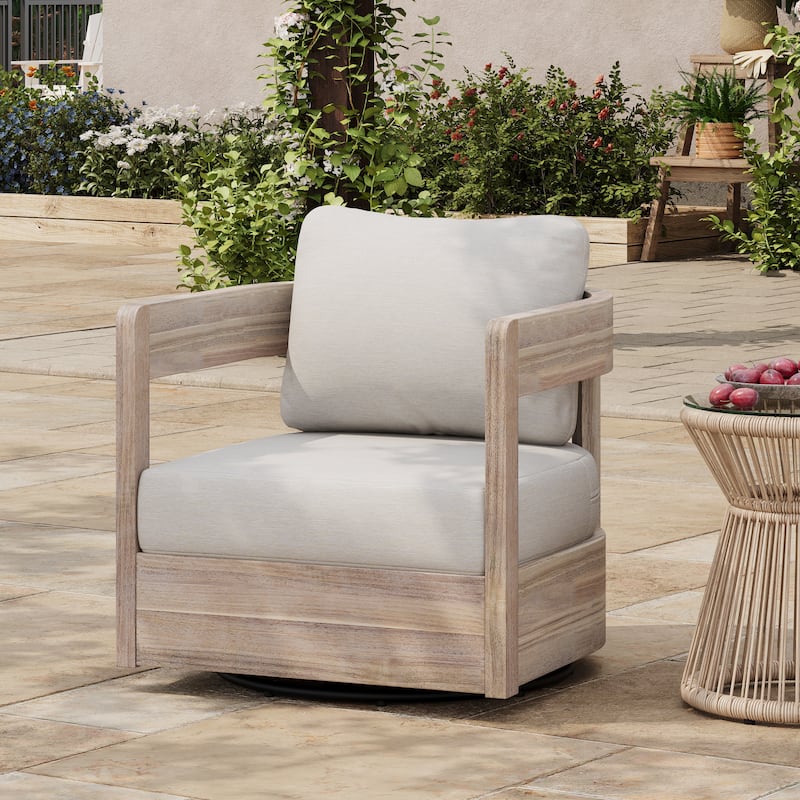 Christopher Knight Home - Telluride Modern Outdoor Solid Wood Swivel Club Chair with Cushioned Comfort - Beige,Light White