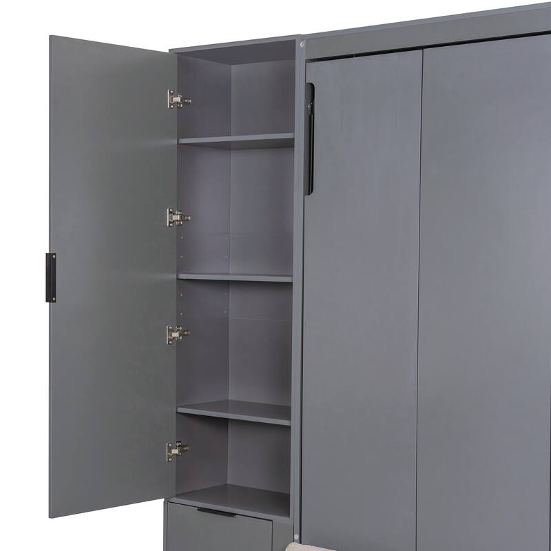 Queen Size Murphy Bed with Sofa, Space Saving Wall Bed with Desk Storage Shelves and Drawers for Home Office Pull Down Bed