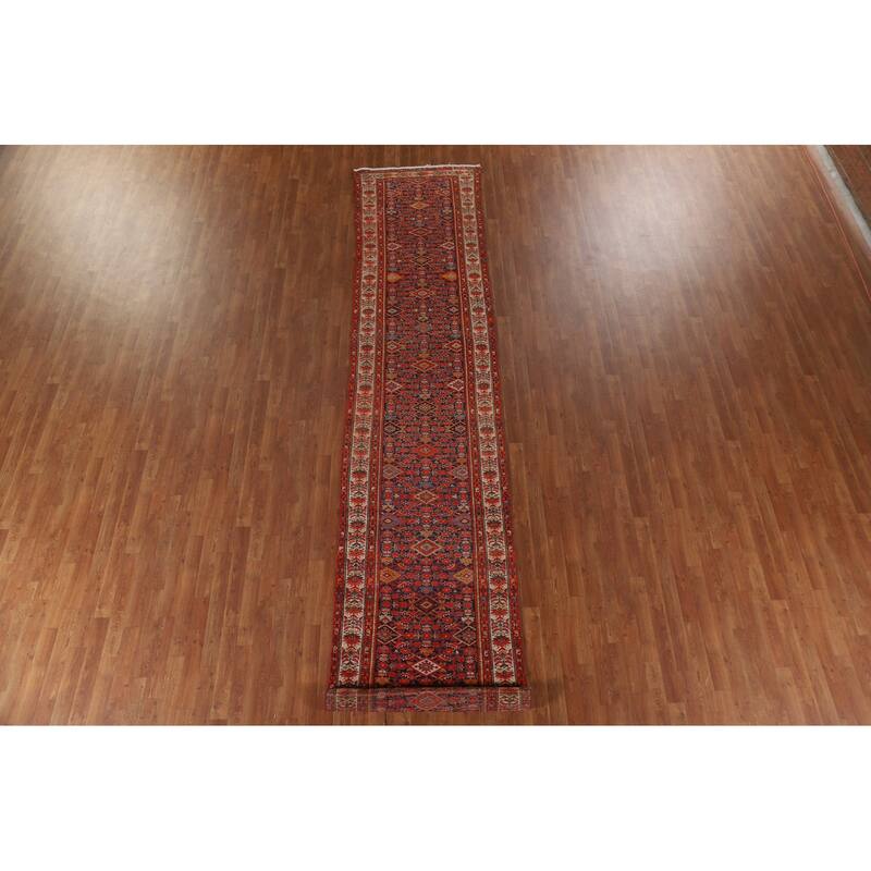 Pre-1900 Antique Blue Malayer Persian Runner Rug Handmade Wool Carpet - 3'2"x 16'7"