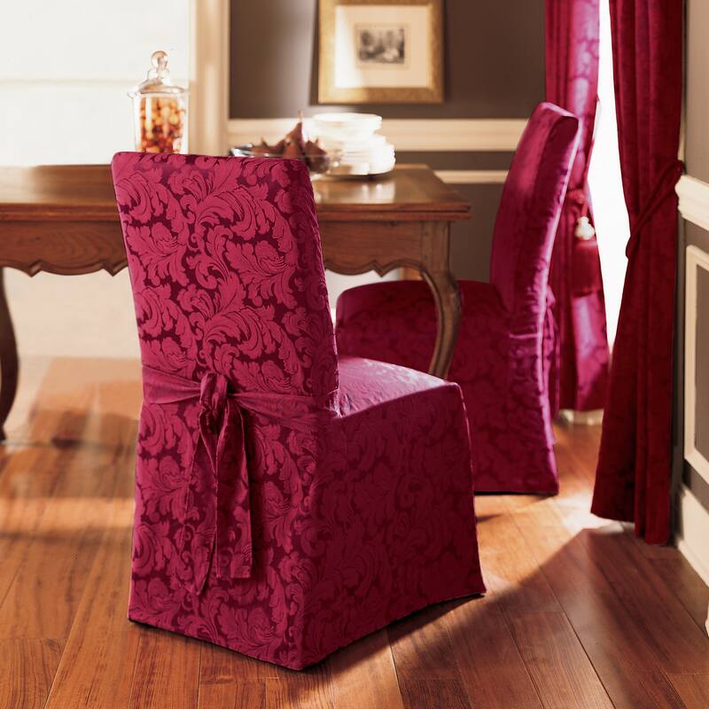 SureFit Scroll Long Dining Chair Slipcover - Burgundy