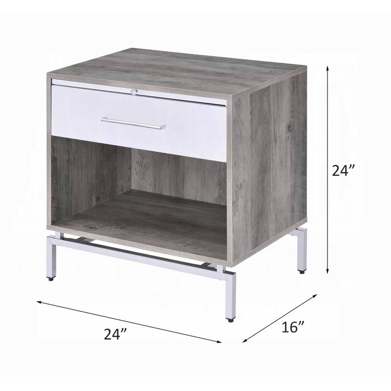 Weathered Gray Oak Nightstand with Drawer and Shelf, White Finish