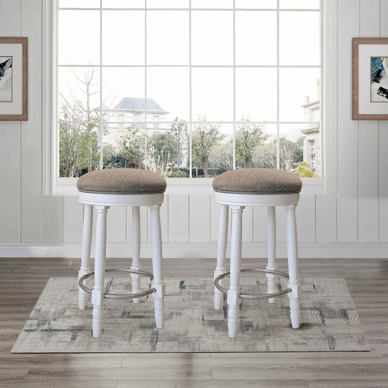 Bar Stools Set of 2, 26" Counter Height, 360° Swivel Wooden Bar stool with Fabric Upholstered Seat - White