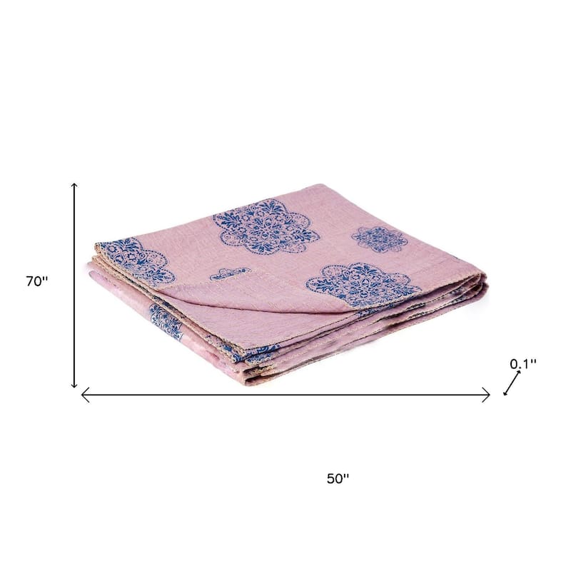 HomeRoots 50" X 70" Black And Blue Ikat Cotton Quilted Kantha Throw Blanket with Embroidery