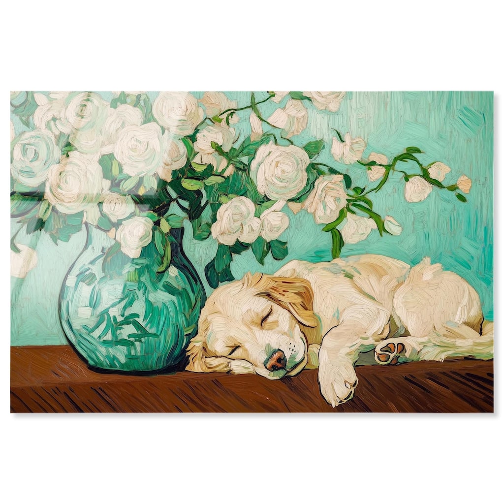 Rose Vase Puppy Acrylic by Art Remedy, Ready to Hang