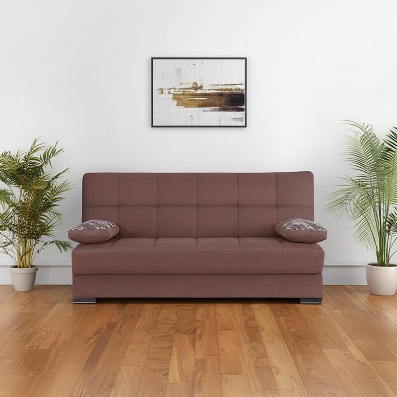 HomeRoots 75" Brown Chenille Convertible Futon Sleeper Sofa And Toss Pillows With Storage - Brown