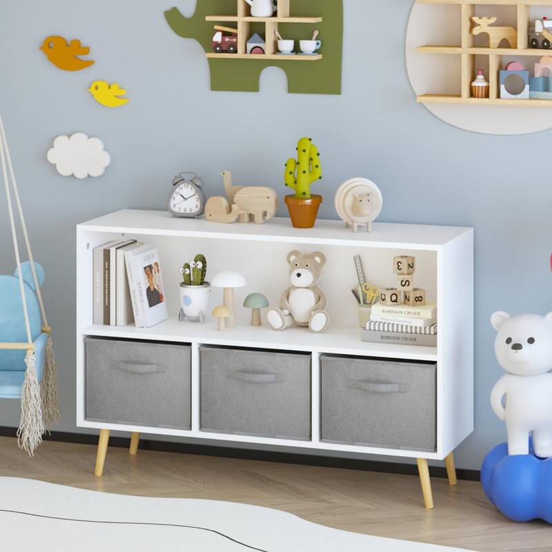 Anmytek White/Gray Kids Storage Organizer with Fabric Drawers White Bookcase Toy Display Shelf