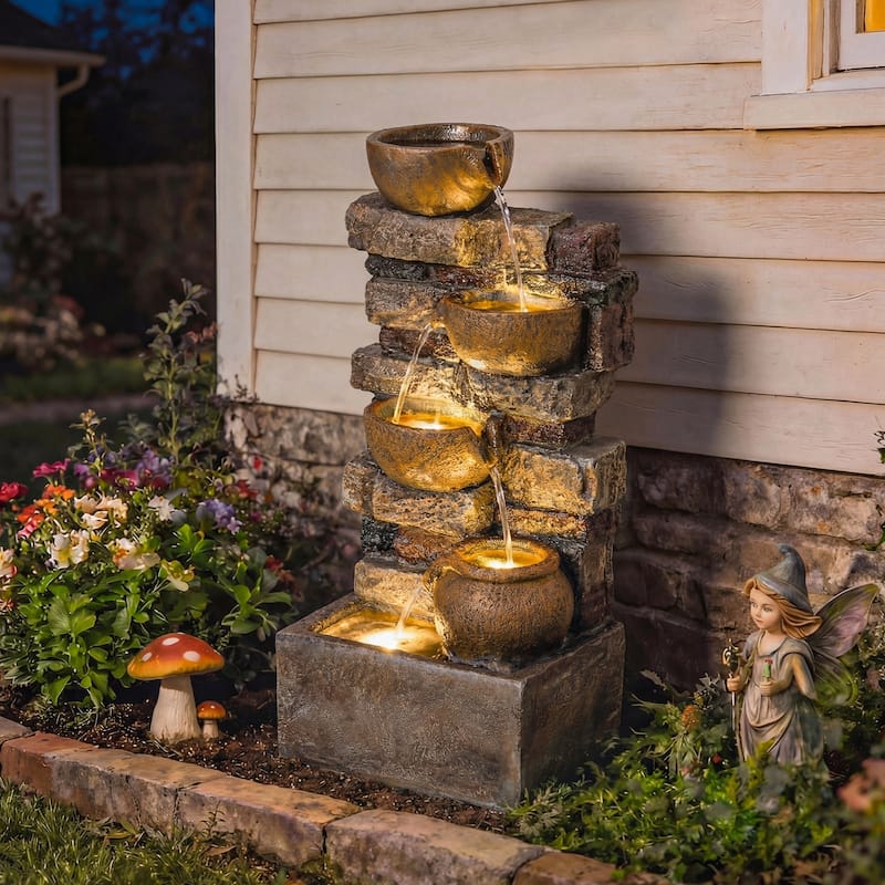 Outsunny 28" Outdoor Fountain with 5-Tier Rustic Jugs and Rock, Cascading Waterfall with LED Lights, Adjustable Flow - Multi