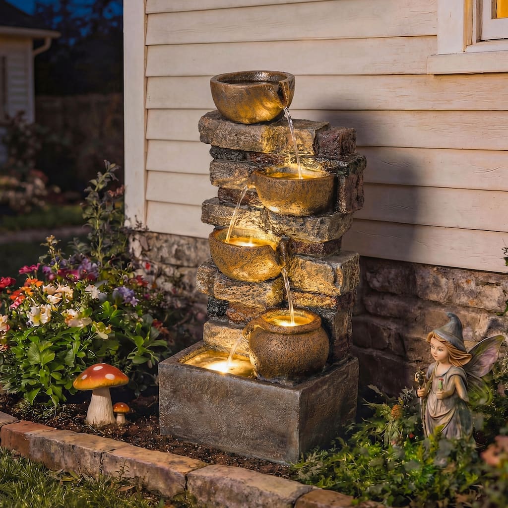 Outsunny 28" Outdoor Fountain with 5-Tier Rustic Jugs and Rock, Cascading Waterfall with LED Lights, Adjustable Flow
