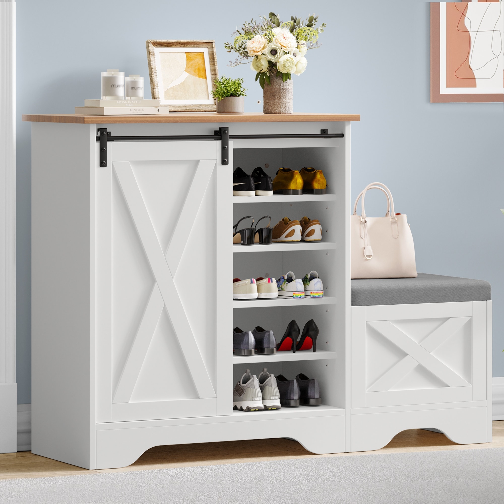 Farmhouse Shoe Cabinet with Sliding Door Shoe Bench 5 Tier Shoe Storage Cabinet with Adjustable Shelves for 20 Pairs On Sale Bed Bath Beyond 40951684