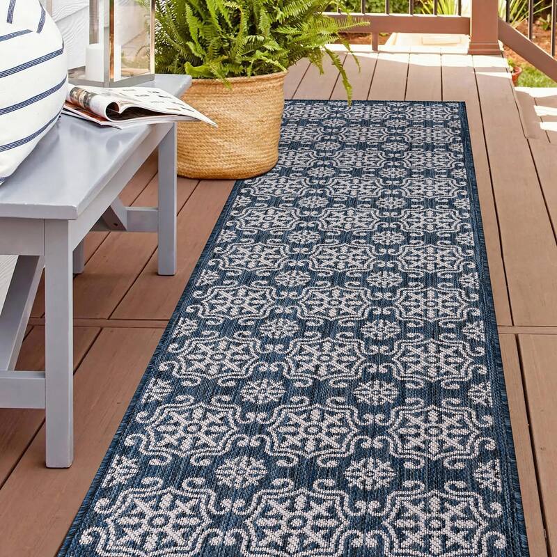World Rug Gallery Transitional Geometric Textured Flat Weave Indoor/Outdoor Area Rug - 2'x7' Runner - Navy
