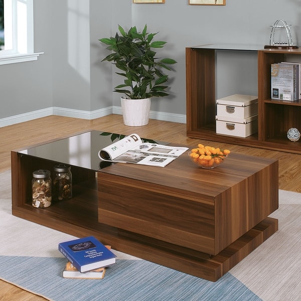 Valmont Contemporary Walnut 47inch Glass Top Insert 1Drawer Coffee