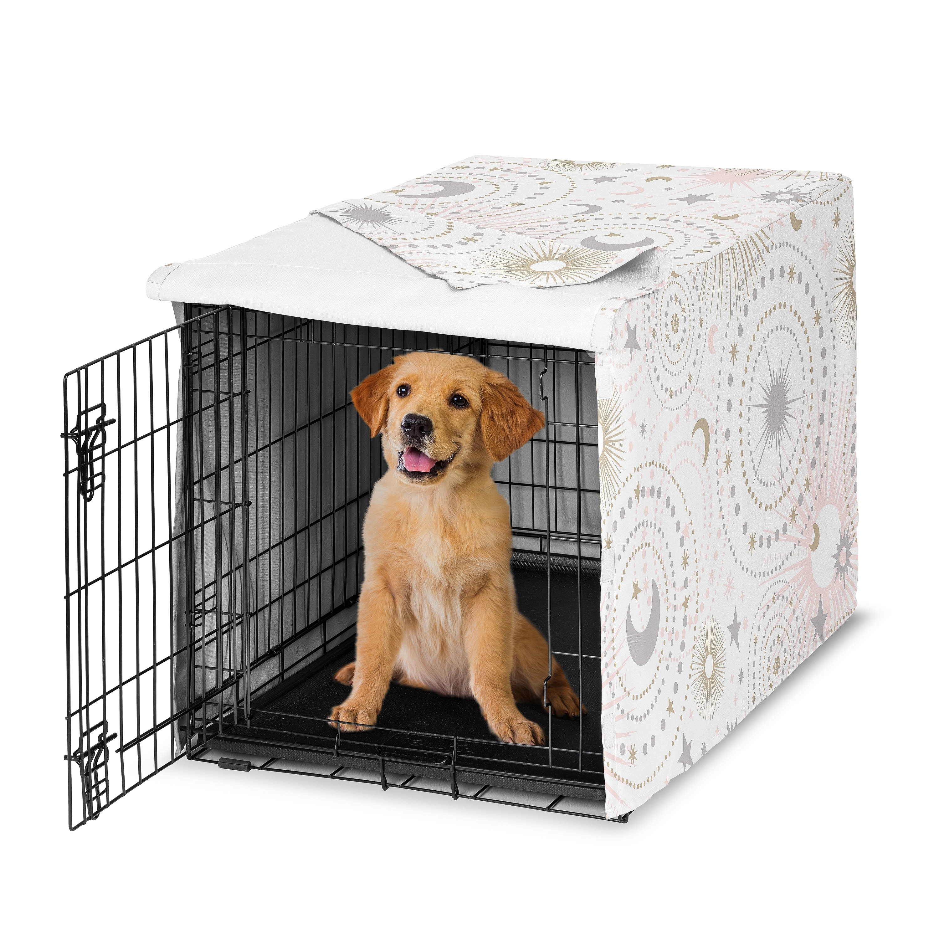 Sweet Jojo Designs Blush Pink Gold Star and Moon Dog Crate Kennel Cover 36in. Grey Celestial Sky Stars Gray Shabby Chic