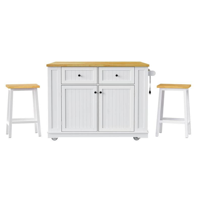 48" Kitchen Island with 2 Bar Stools, Power Outlet, Drop Leaf & Storage Drawers