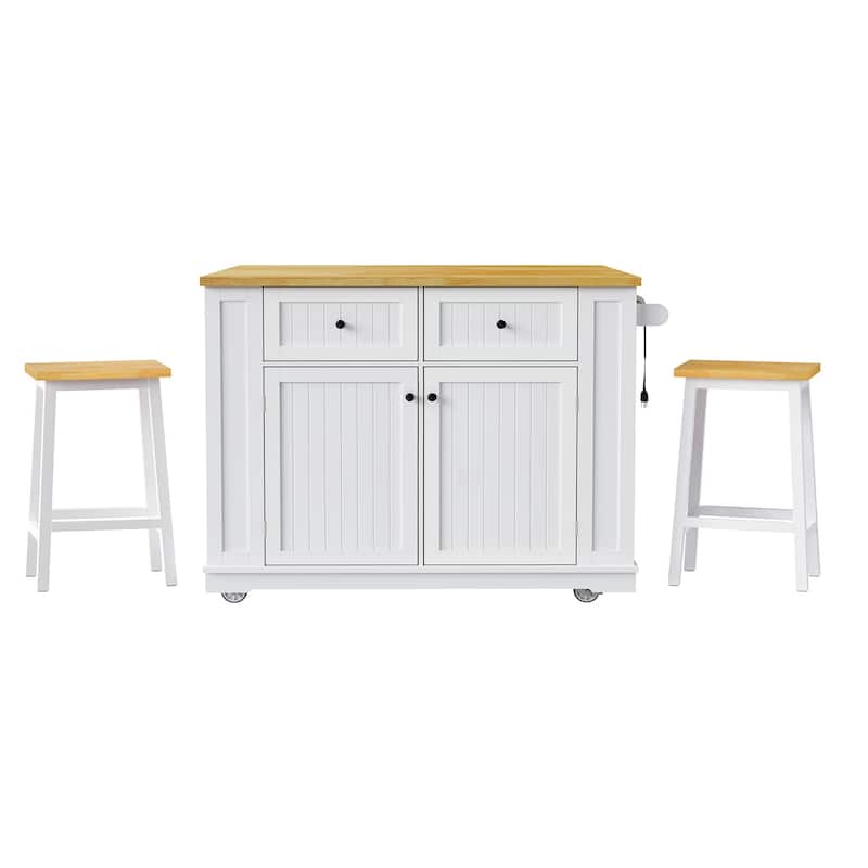 48inch Large Kitchen Island with 2 Bar Stools, Power Outlet, Door Internal Storage Rack, Kitchen Storage cart with Drop Leaf