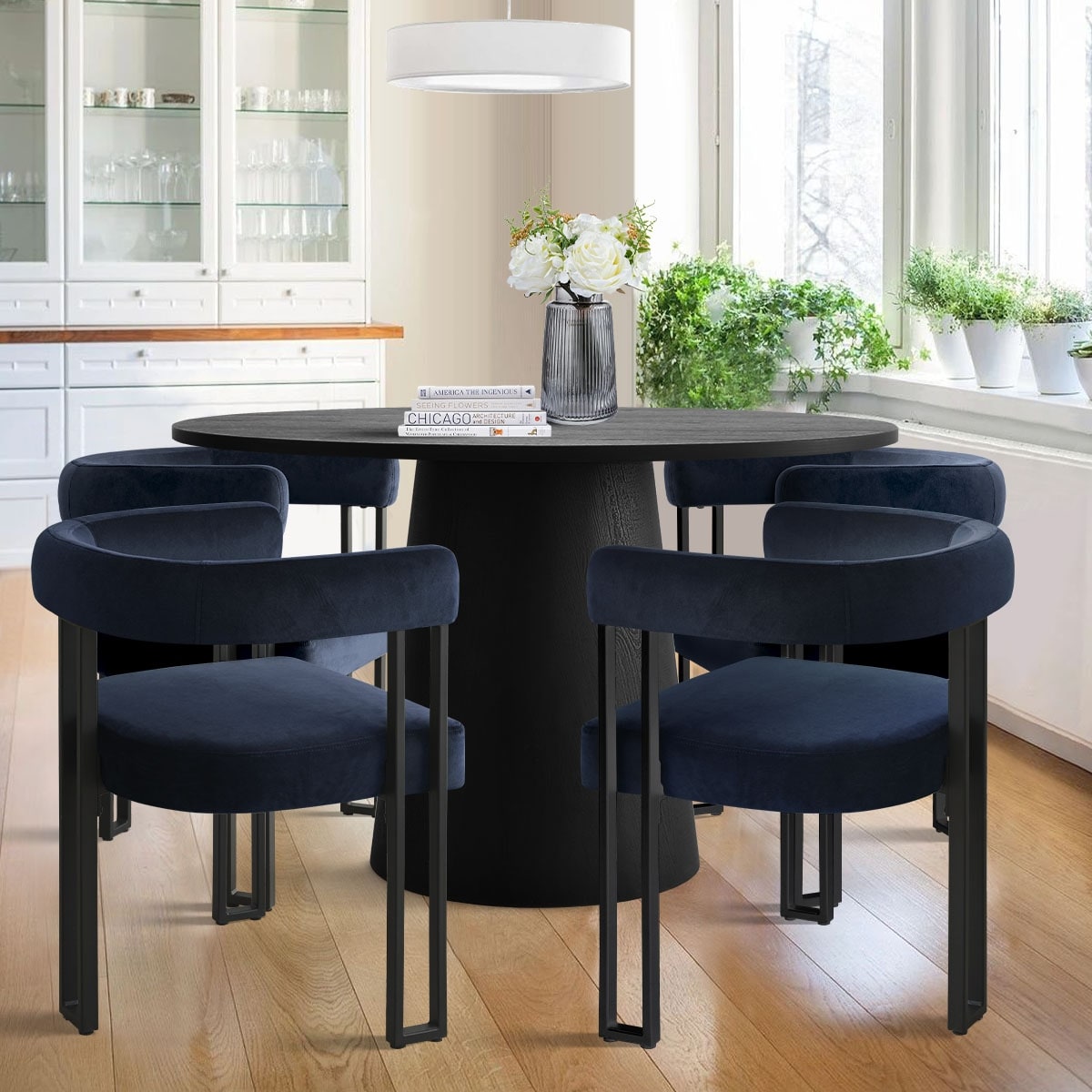 Black Round 5 pieces Dining Table Set, 4 pcs Velvet Dining Chairs