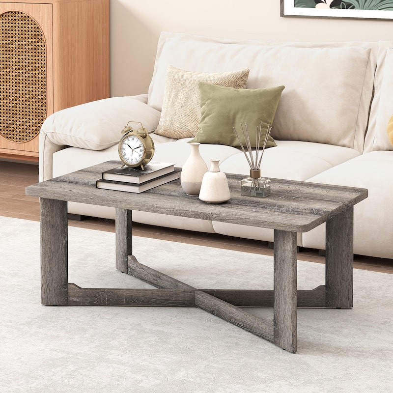 Gymax Coffee Table Solid Rubber Wood Center Table w/ X-Shaped Base for